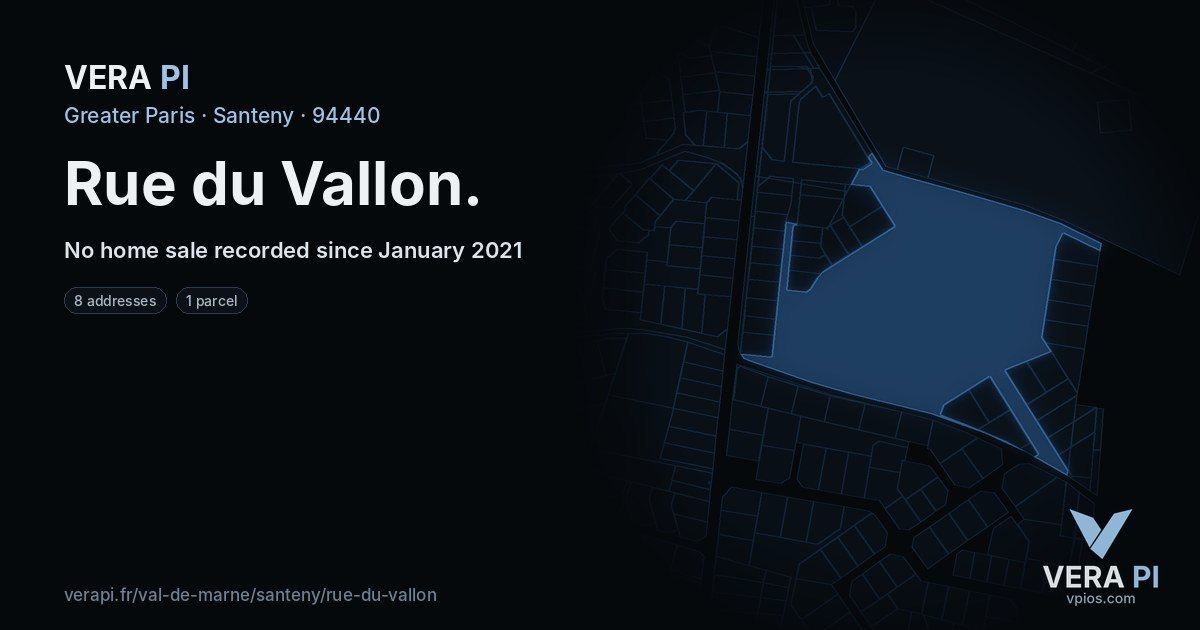 Rue du Vallon, Santeny at night – every parcel coloured by the prices around it, the street's own parcels lit