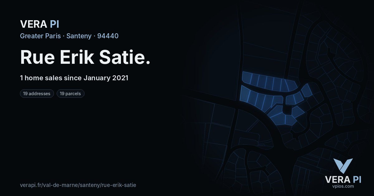 Rue Erik Satie, Santeny at night – every parcel coloured by the prices around it, the street's own parcels lit