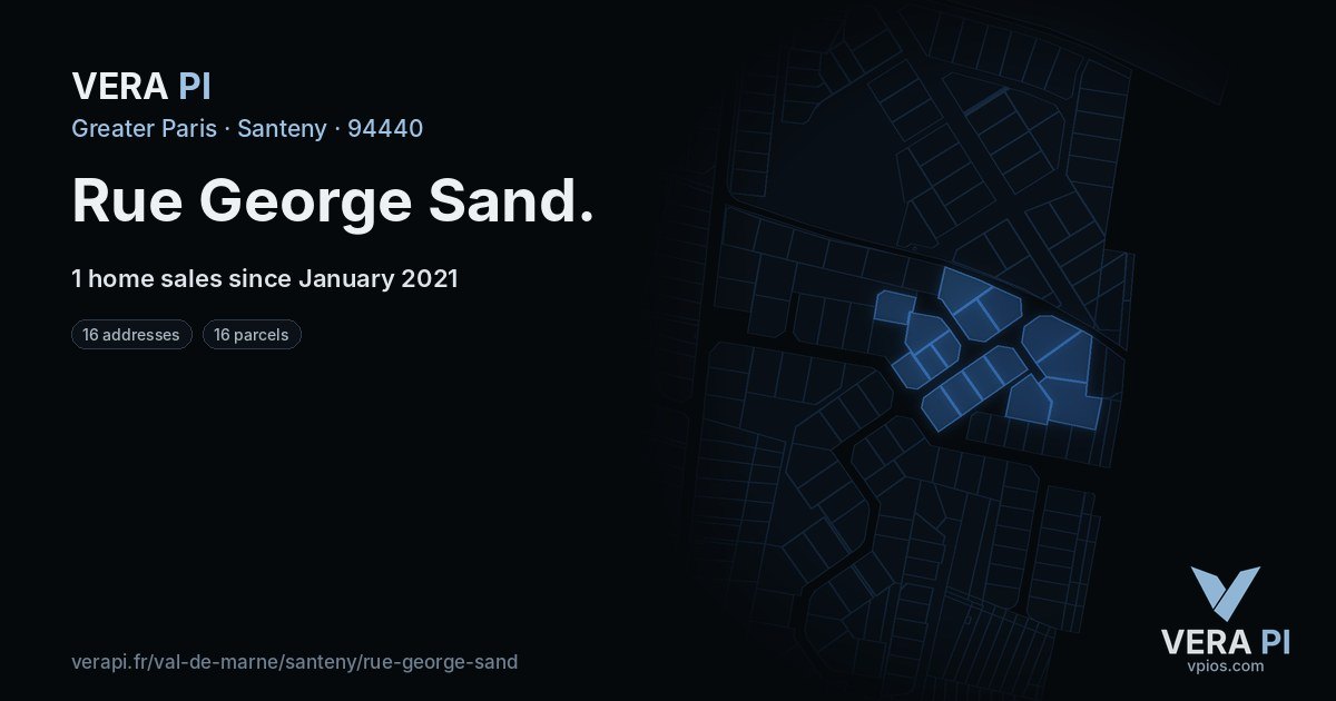 Rue George Sand, Santeny at night – every parcel coloured by the prices around it, the street's own parcels lit