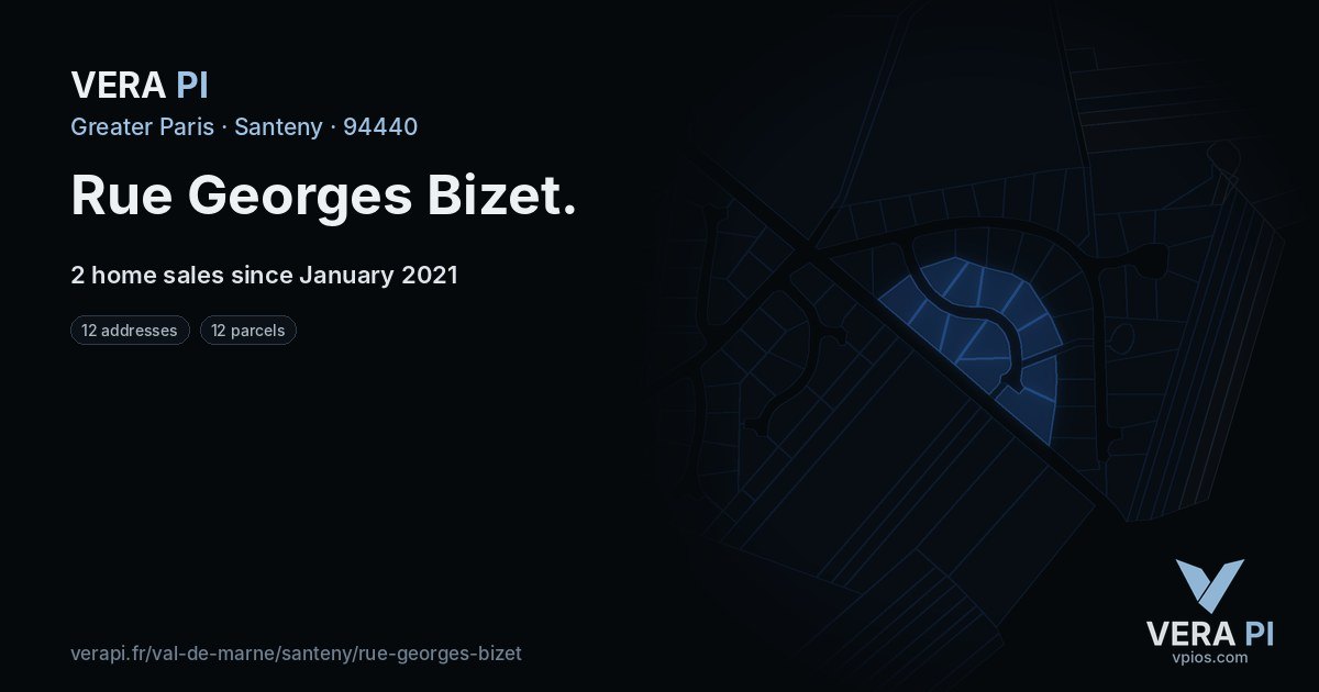 Rue Georges Bizet, Santeny at night – every parcel coloured by the prices around it, the street's own parcels lit