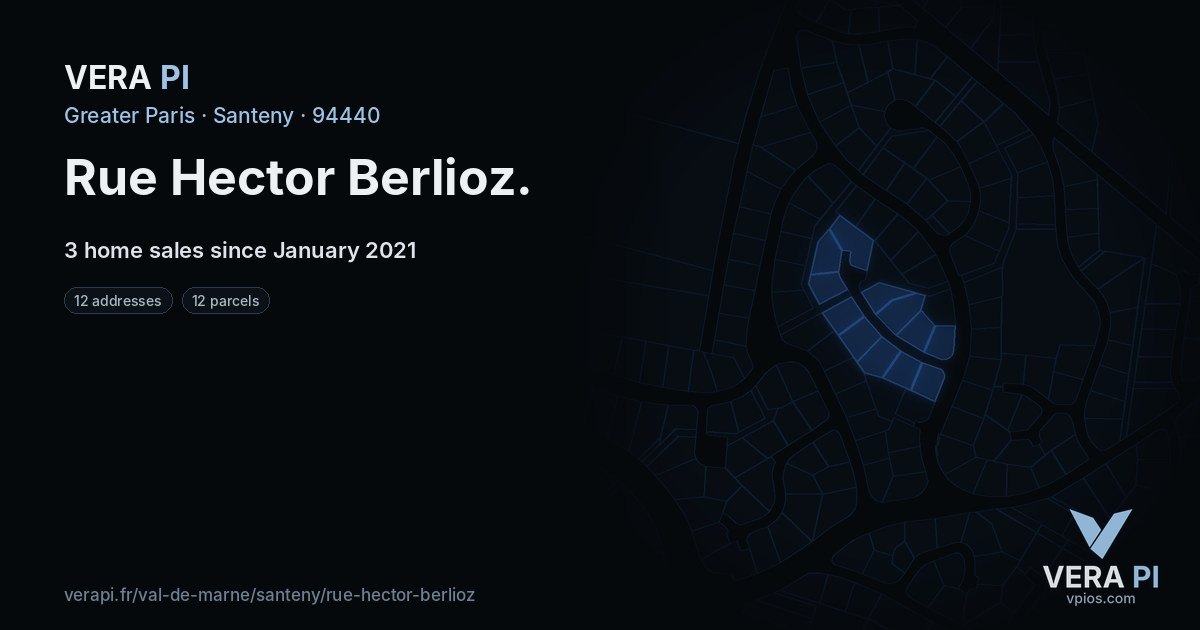 Rue Hector Berlioz, Santeny at night – every parcel coloured by the prices around it, the street's own parcels lit