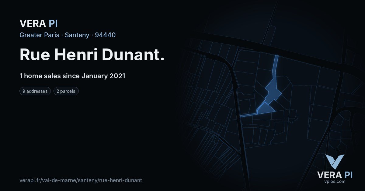 Rue Henri Dunant, Santeny at night – every parcel coloured by the prices around it, the street's own parcels lit
