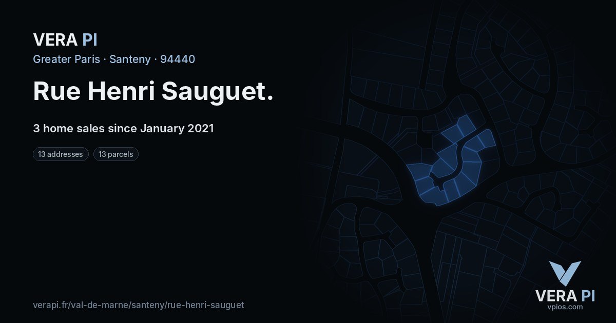 Rue Henri Sauguet, Santeny at night – every parcel coloured by the prices around it, the street's own parcels lit