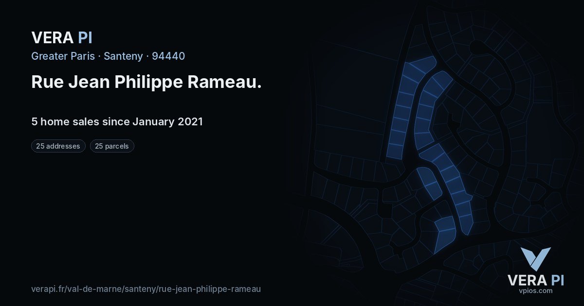 Rue Jean Philippe Rameau, Santeny at night – every parcel coloured by the prices around it, the street's own parcels lit