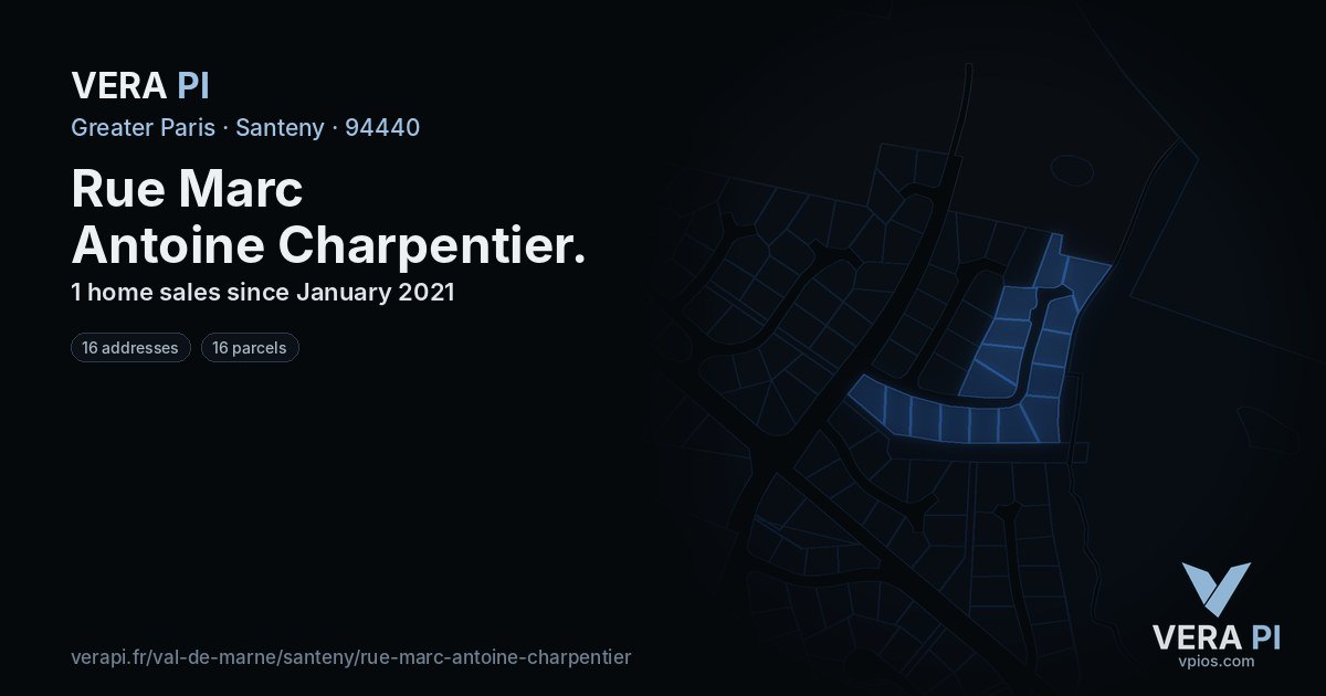 Rue Marc Antoine Charpentier, Santeny at night – every parcel coloured by the prices around it, the street's own parcels lit