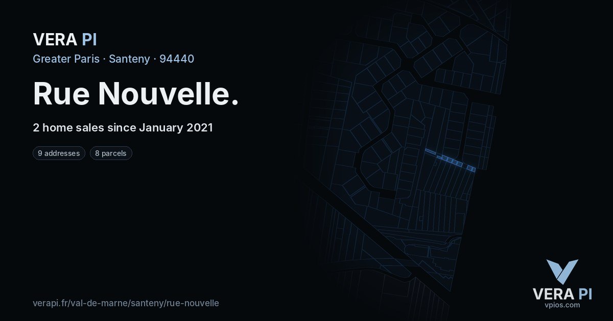 Rue Nouvelle, Santeny at night – every parcel coloured by the prices around it, the street's own parcels lit