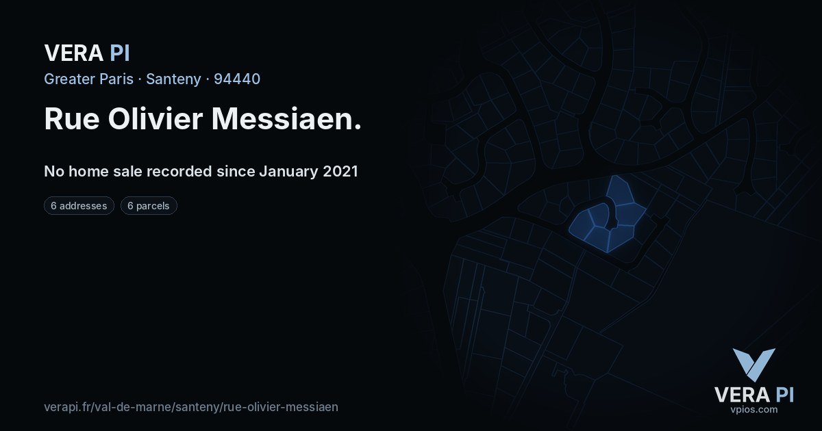 Rue Olivier Messiaen, Santeny at night – every parcel coloured by the prices around it, the street's own parcels lit