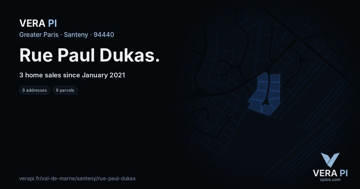 Rue Paul Dukas, Santeny at night – every parcel coloured by the prices around it, the street's own parcels lit