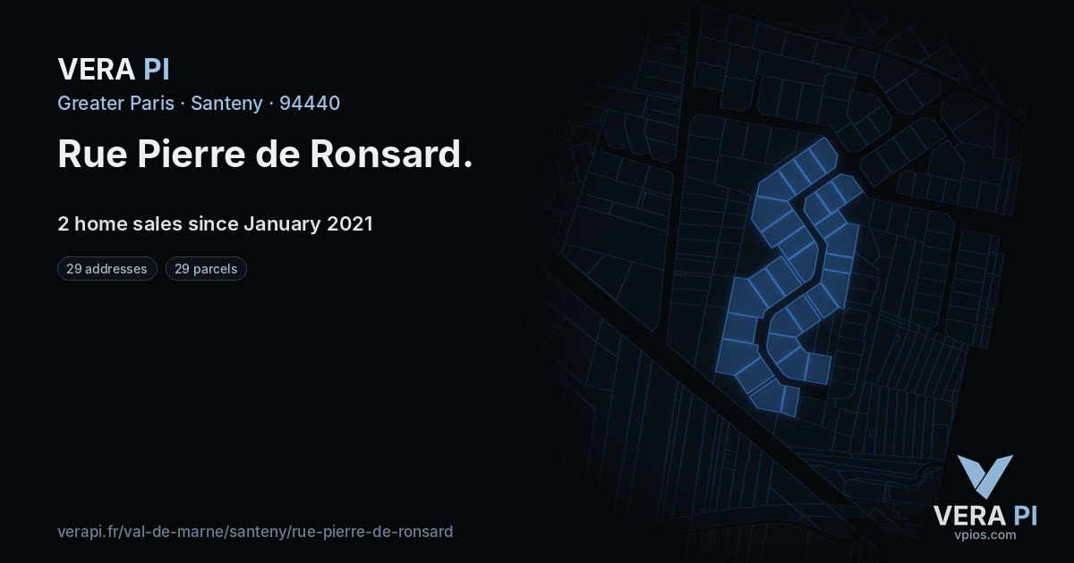 Rue Pierre de Ronsard, Santeny at night – every parcel coloured by the prices around it, the street's own parcels lit