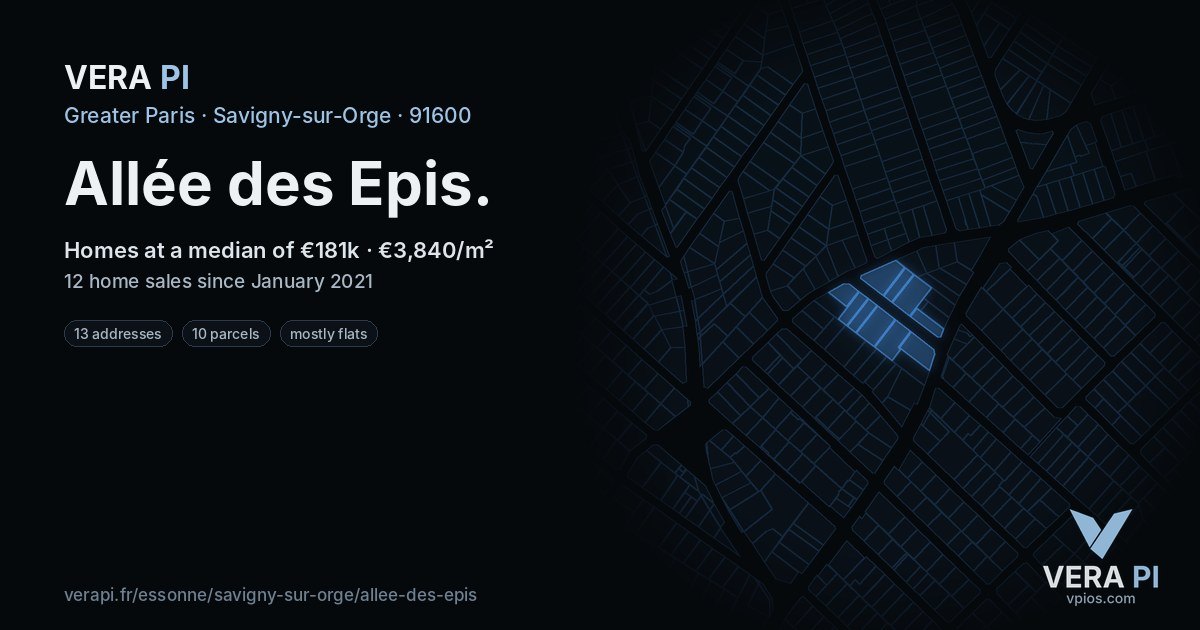 Allée des Epis, Savigny-sur-Orge at night – every parcel coloured by the prices around it, the street's own parcels lit