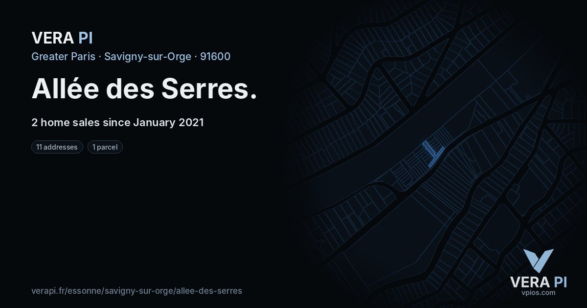 Allée des Serres, Savigny-sur-Orge at night – every parcel coloured by the prices around it, the street's own parcels lit