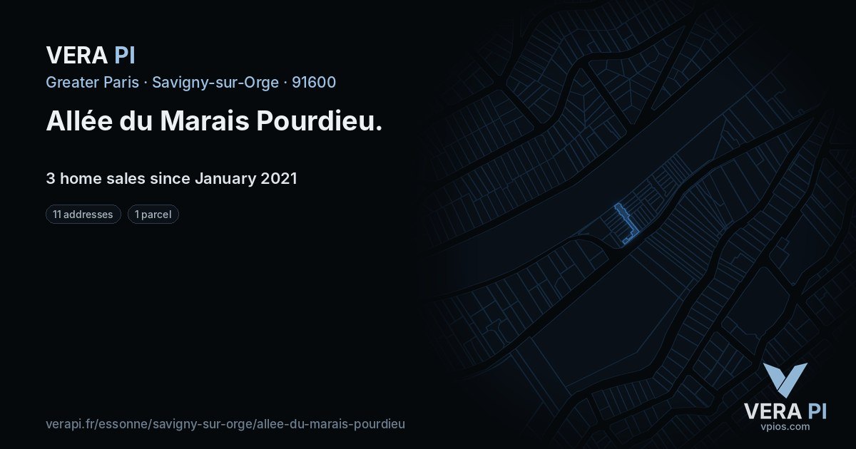 Allée du Marais Pourdieu, Savigny-sur-Orge at night – every parcel coloured by the prices around it, the street's own parcels lit