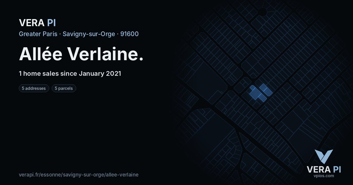 Allée Verlaine, Savigny-sur-Orge at night – every parcel coloured by the prices around it, the street's own parcels lit