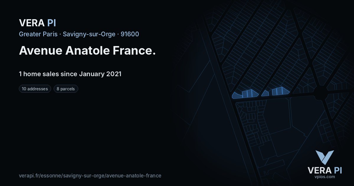 Avenue Anatole France, Savigny-sur-Orge at night – every parcel coloured by the prices around it, the street's own parcels lit