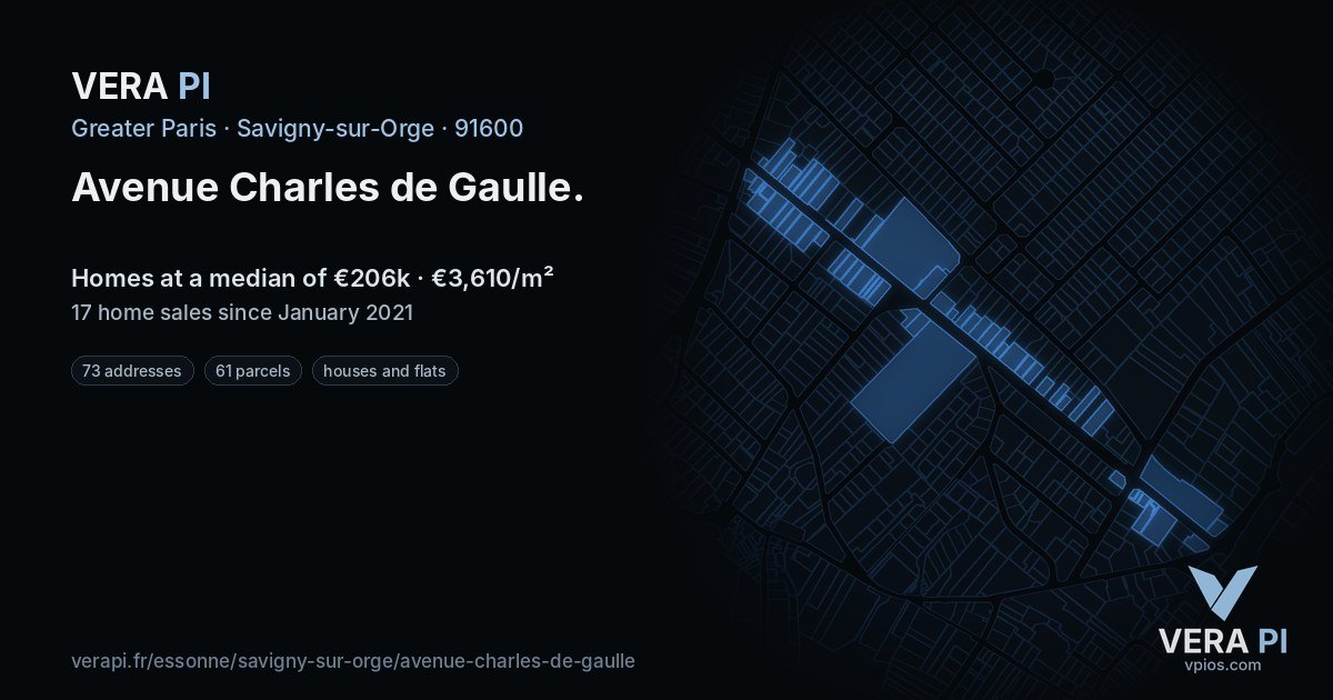 Avenue Charles de Gaulle, Savigny-sur-Orge at night – every parcel coloured by the prices around it, the street's own parcels lit