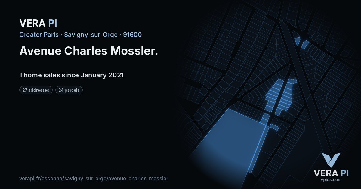 Avenue Charles Mossler, Savigny-sur-Orge at night – every parcel coloured by the prices around it, the street's own parcels lit