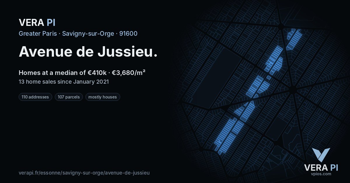 Avenue de Jussieu, Savigny-sur-Orge at night – every parcel coloured by the prices around it, the street's own parcels lit