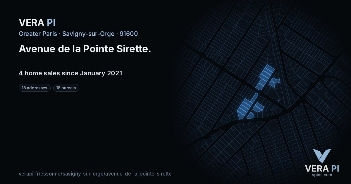 Avenue de la Pointe Sirette, Savigny-sur-Orge at night – every parcel coloured by the prices around it, the street's own parcels lit
