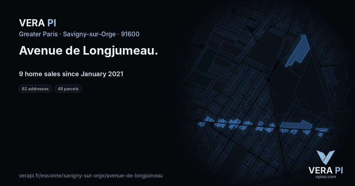 Avenue de Longjumeau, Savigny-sur-Orge at night – every parcel coloured by the prices around it, the street's own parcels lit