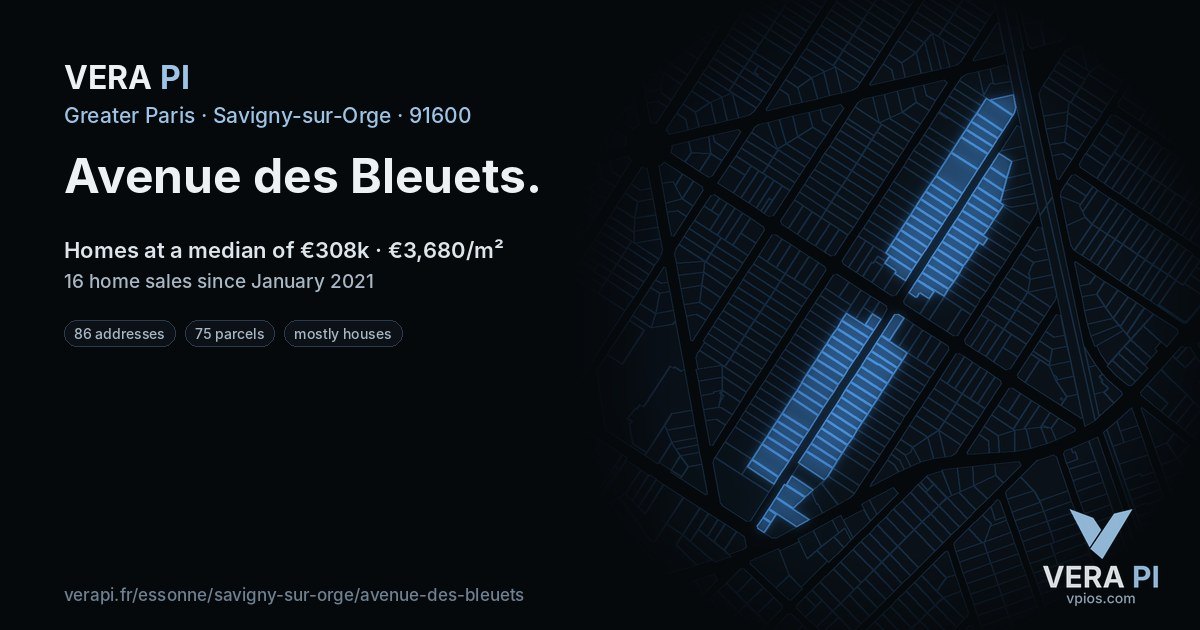 Avenue des Bleuets, Savigny-sur-Orge at night – every parcel coloured by the prices around it, the street's own parcels lit