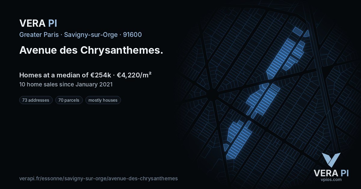 Avenue des Chrysanthemes, Savigny-sur-Orge at night – every parcel coloured by the prices around it, the street's own parcels lit