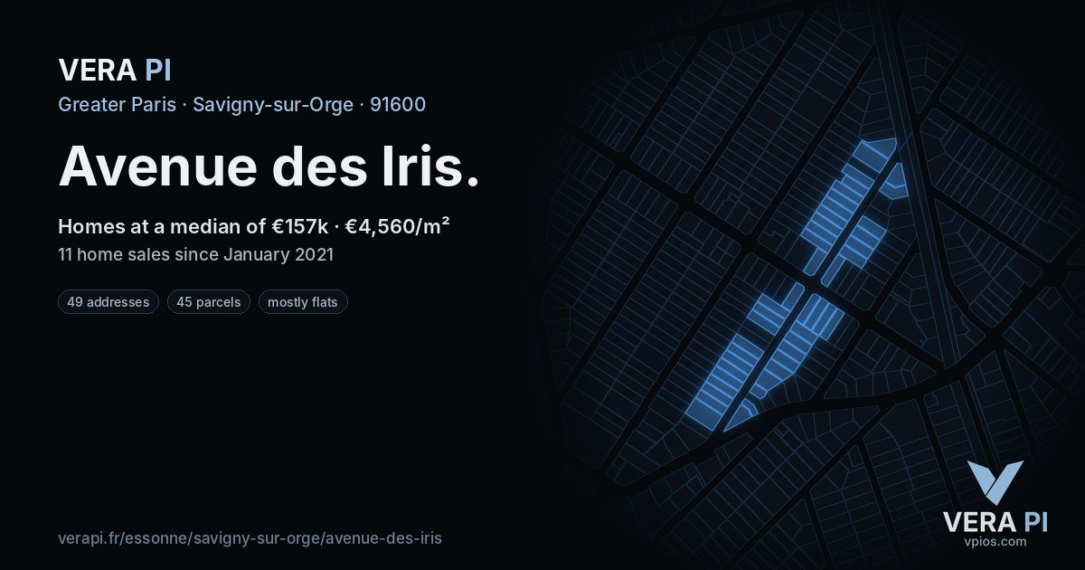 Avenue des Iris, Savigny-sur-Orge at night – every parcel coloured by the prices around it, the street's own parcels lit