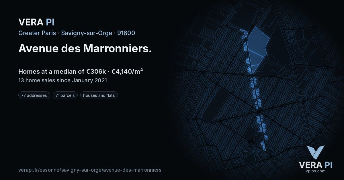 Avenue des Marronniers, Savigny-sur-Orge at night – every parcel coloured by the prices around it, the street's own parcels lit
