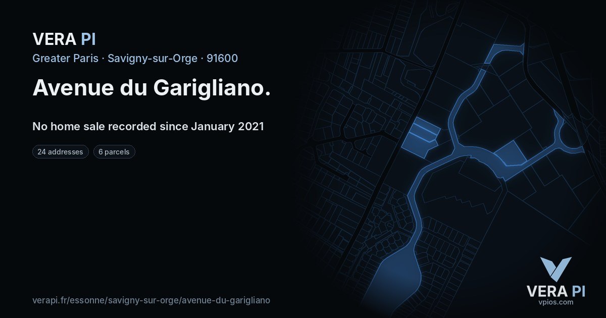 Avenue du Garigliano, Savigny-sur-Orge at night – every parcel coloured by the prices around it, the street's own parcels lit