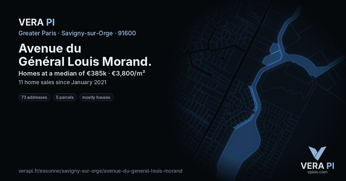 Avenue du Général Louis Morand, Savigny-sur-Orge at night – every parcel coloured by the prices around it, the street's own parcels lit