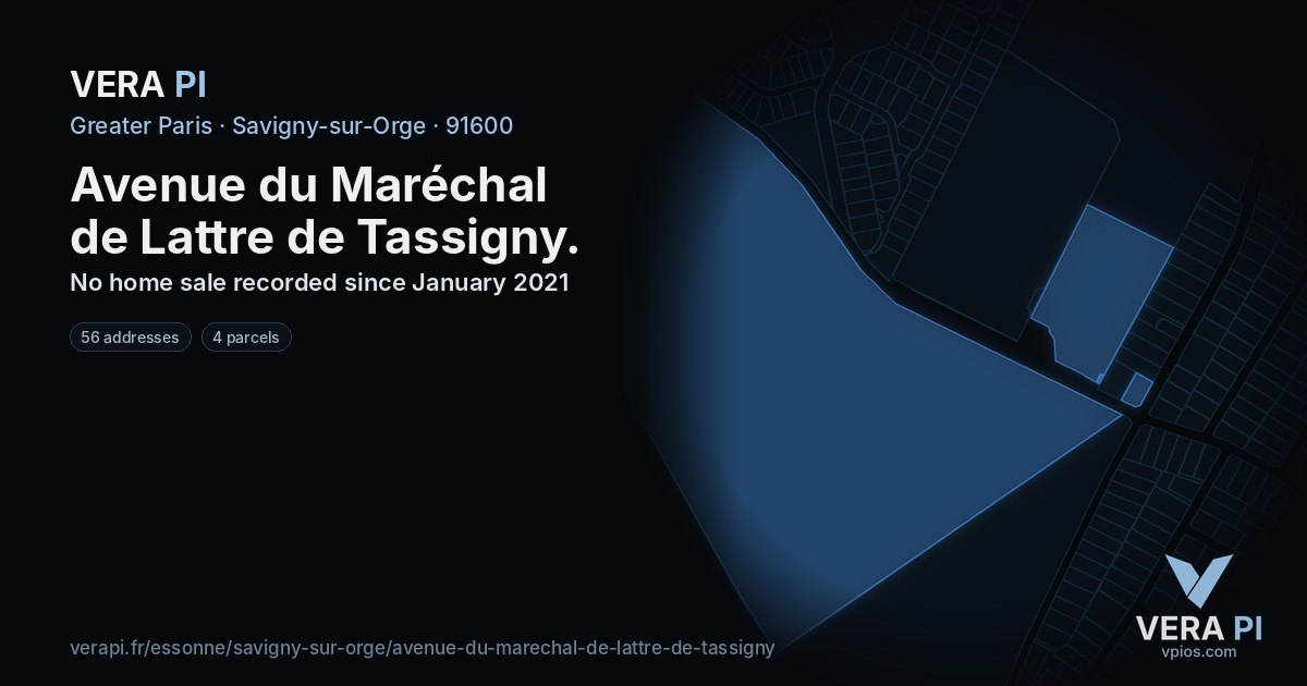 Avenue du Maréchal de Lattre de Tassigny, Savigny-sur-Orge at night – every parcel coloured by the prices around it, the street's own parcels lit