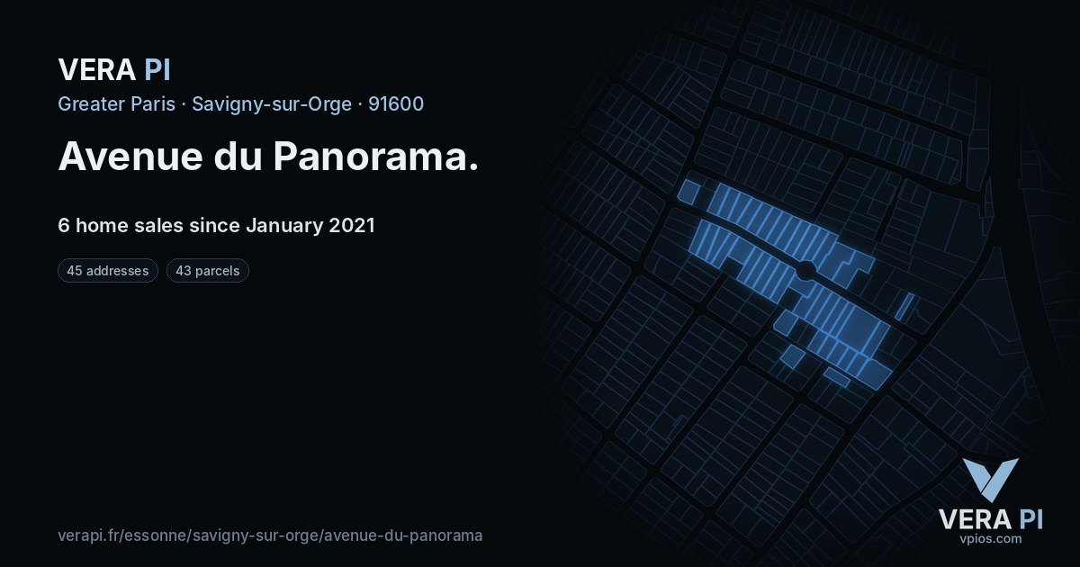Avenue du Panorama, Savigny-sur-Orge at night – every parcel coloured by the prices around it, the street's own parcels lit