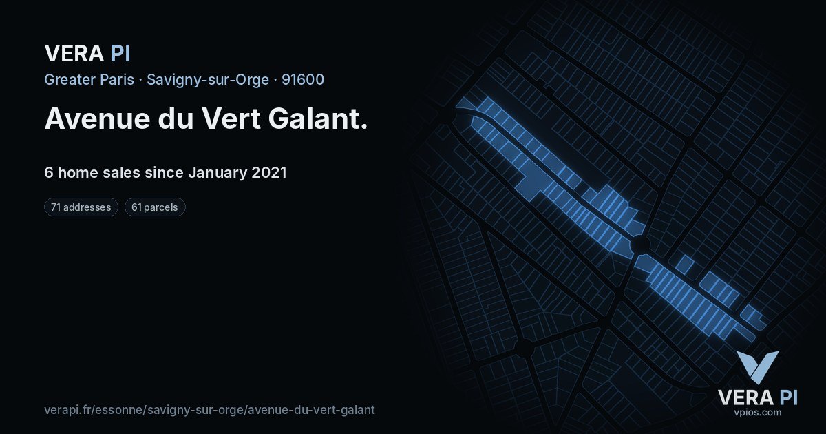 Avenue du Vert Galant, Savigny-sur-Orge at night – every parcel coloured by the prices around it, the street's own parcels lit
