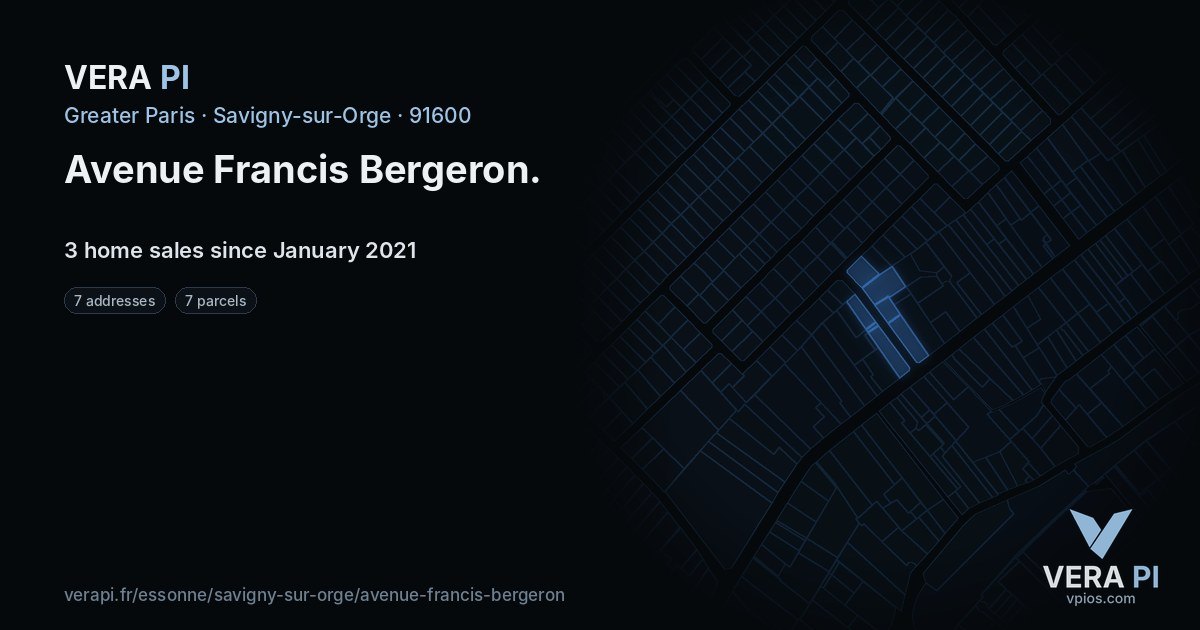 Avenue Francis Bergeron, Savigny-sur-Orge at night – every parcel coloured by the prices around it, the street's own parcels lit