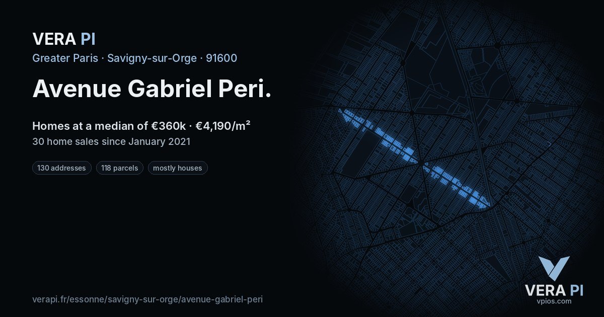 Avenue Gabriel Peri, Savigny-sur-Orge at night – every parcel coloured by the prices around it, the street's own parcels lit