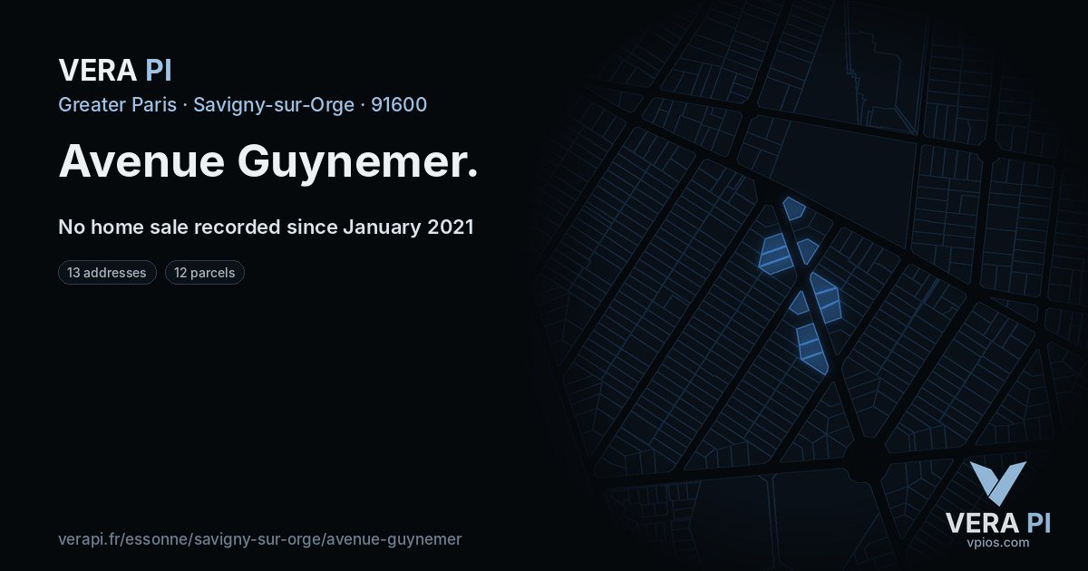 Avenue Guynemer, Savigny-sur-Orge at night – every parcel coloured by the prices around it, the street's own parcels lit