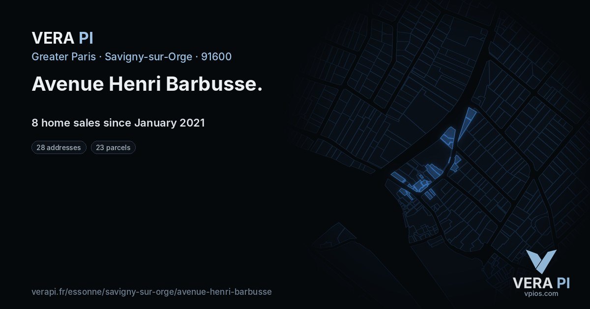 Avenue Henri Barbusse, Savigny-sur-Orge at night – every parcel coloured by the prices around it, the street's own parcels lit