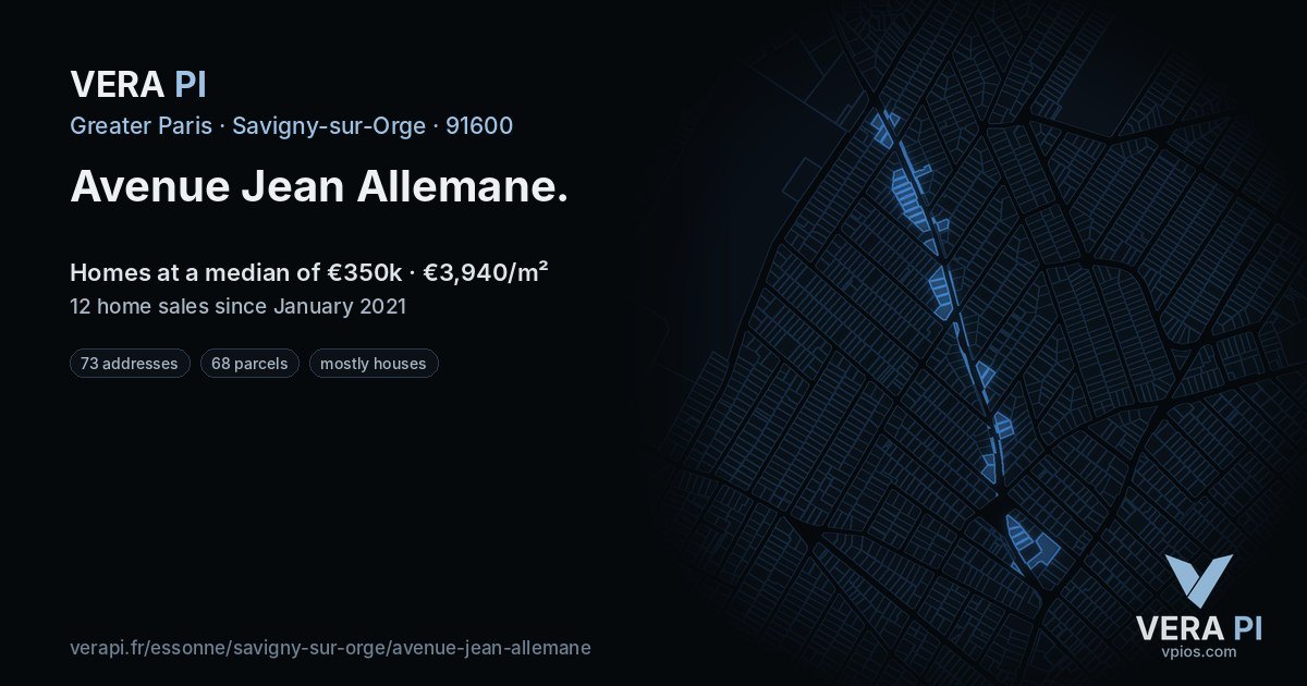 Avenue Jean Allemane, Savigny-sur-Orge at night – every parcel coloured by the prices around it, the street's own parcels lit