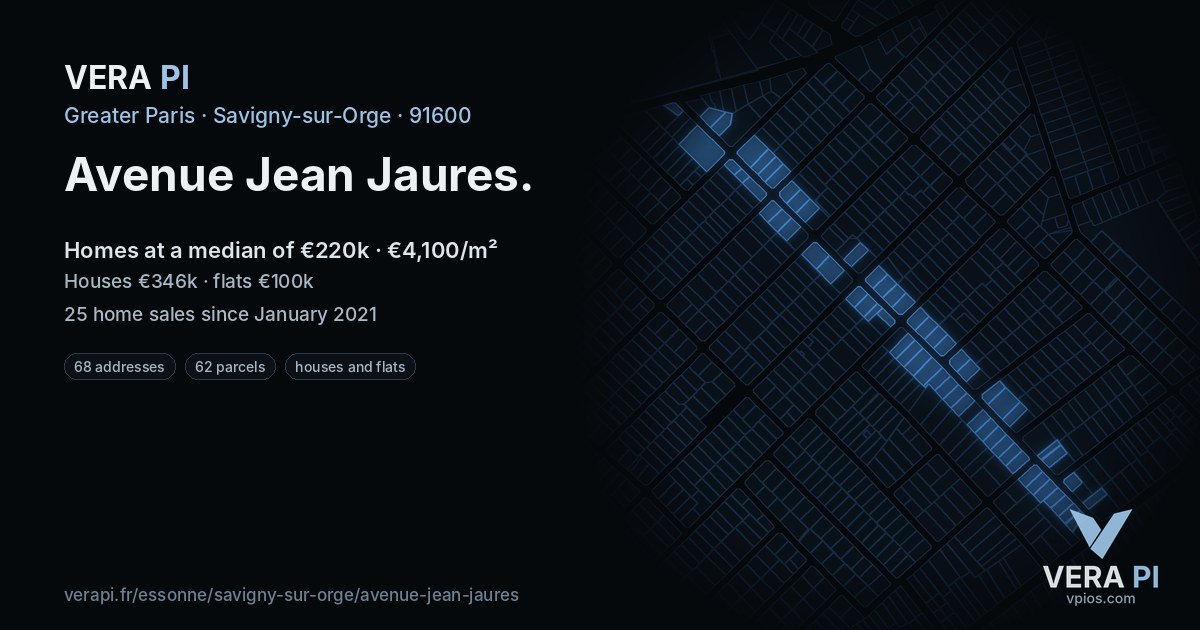 Avenue Jean Jaures, Savigny-sur-Orge at night – every parcel coloured by the prices around it, the street's own parcels lit