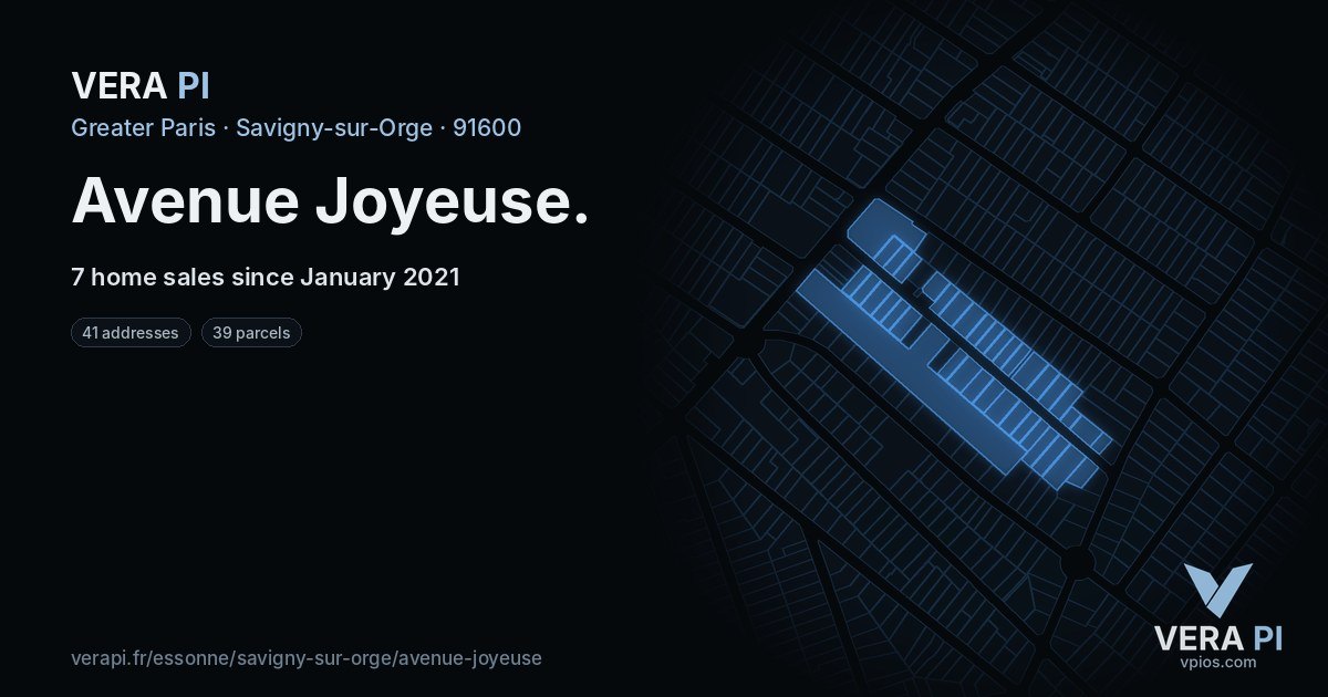 Avenue Joyeuse, Savigny-sur-Orge at night – every parcel coloured by the prices around it, the street's own parcels lit