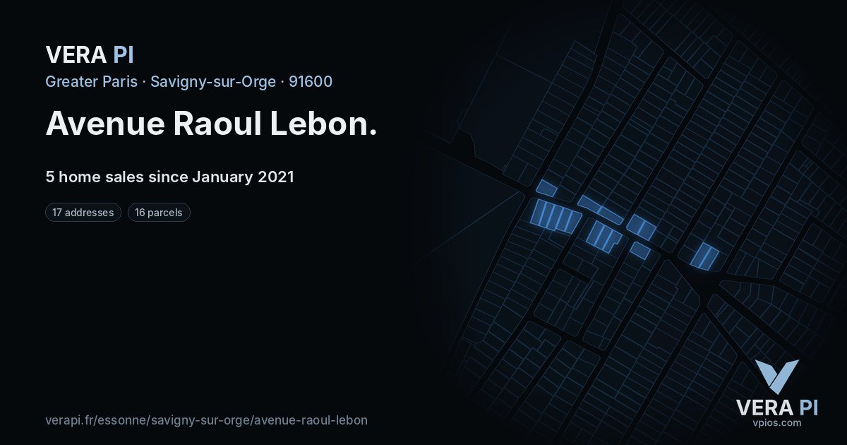Avenue Raoul Lebon, Savigny-sur-Orge at night – every parcel coloured by the prices around it, the street's own parcels lit