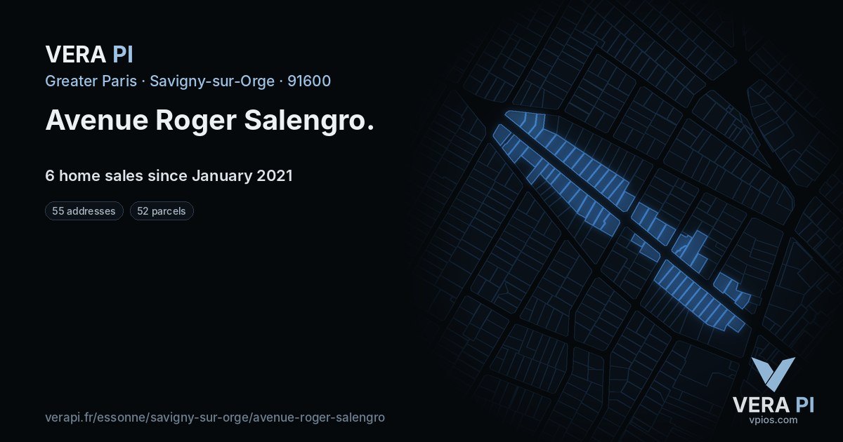 Avenue Roger Salengro, Savigny-sur-Orge at night – every parcel coloured by the prices around it, the street's own parcels lit