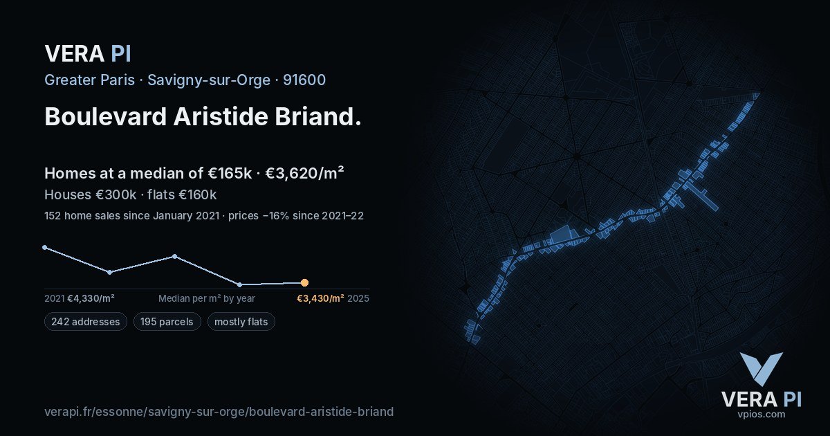 Boulevard Aristide Briand, Savigny-sur-Orge at night – every parcel coloured by the prices around it, the street's own parcels lit