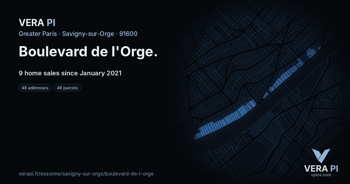 Boulevard de l'Orge, Savigny-sur-Orge at night – every parcel coloured by the prices around it, the street's own parcels lit
