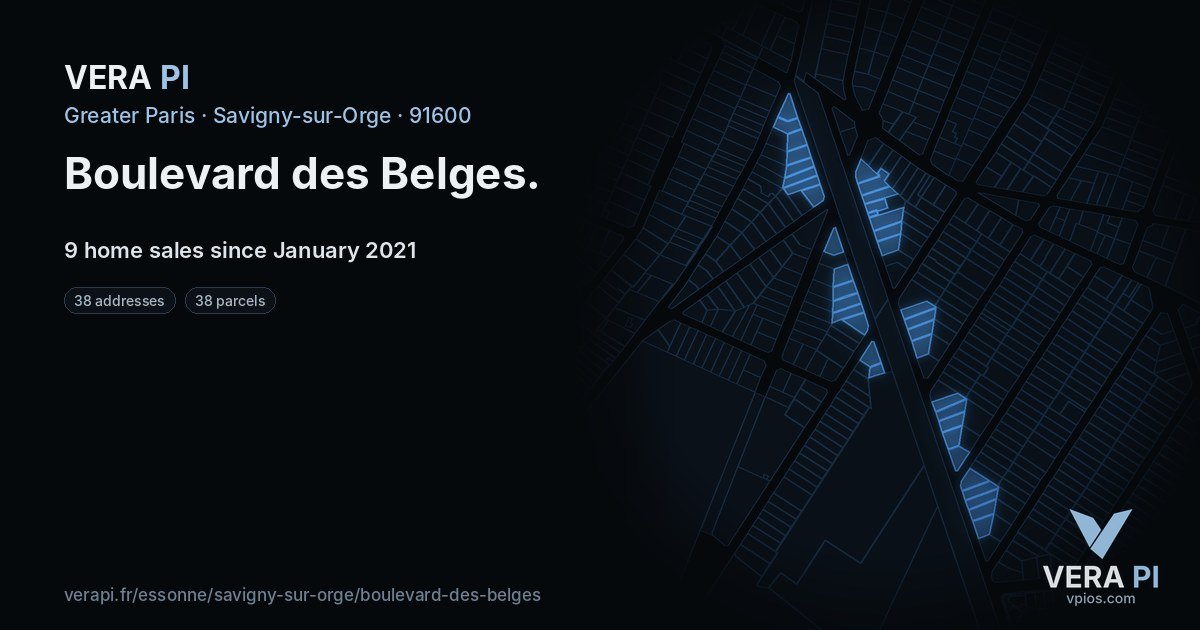 Boulevard des Belges, Savigny-sur-Orge at night – every parcel coloured by the prices around it, the street's own parcels lit