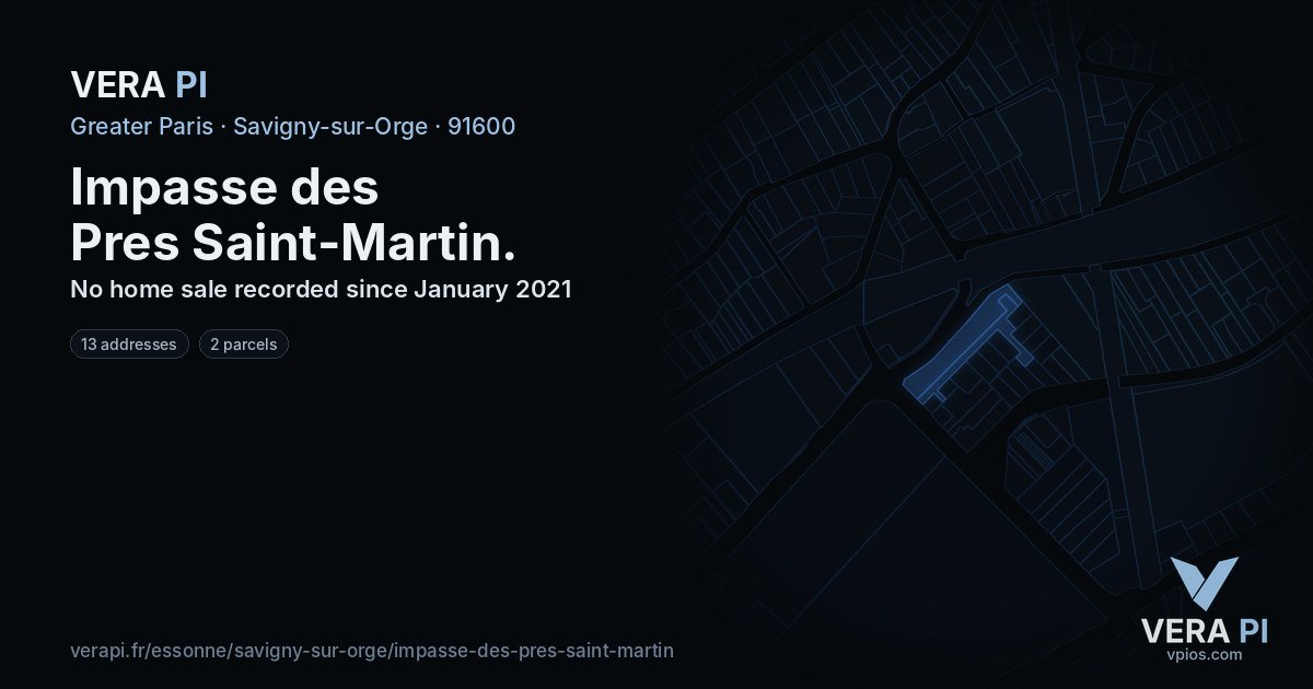 Impasse des Pres Saint-Martin, Savigny-sur-Orge at night – every parcel coloured by the prices around it, the street's own parcels lit