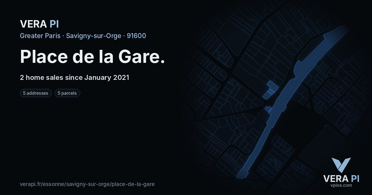 Place de la Gare, Savigny-sur-Orge at night – every parcel coloured by the prices around it, the street's own parcels lit