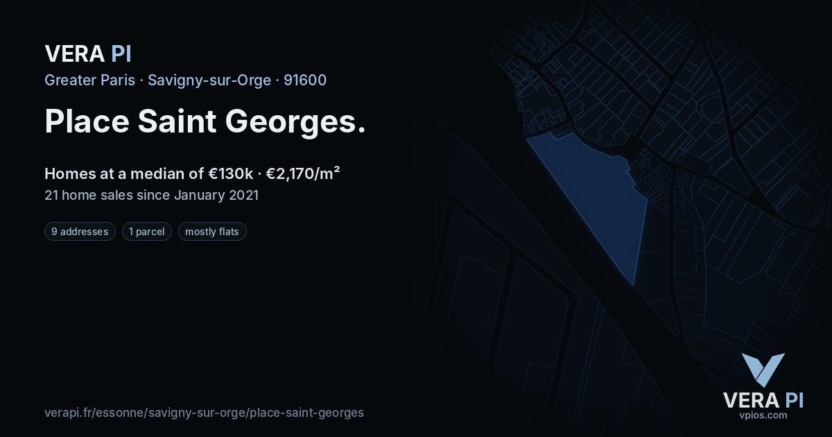 Place Saint Georges, Savigny-sur-Orge at night – every parcel coloured by the prices around it, the street's own parcels lit
