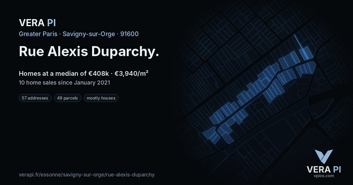 Rue Alexis Duparchy, Savigny-sur-Orge at night – every parcel coloured by the prices around it, the street's own parcels lit