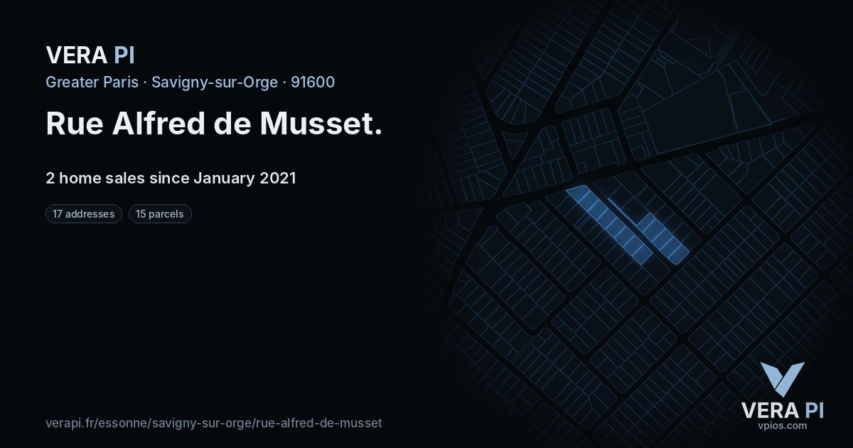 Rue Alfred de Musset, Savigny-sur-Orge at night – every parcel coloured by the prices around it, the street's own parcels lit