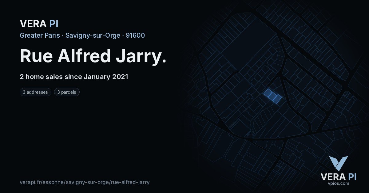 Rue Alfred Jarry, Savigny-sur-Orge at night – every parcel coloured by the prices around it, the street's own parcels lit